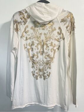 Seven7 Ivory Metallic Graphic Lightweight Hooded Long Sleeve Tee Large